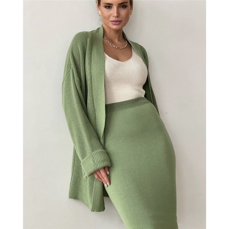 Two-Piece Solid Color Long Sleeve Sweater Cardigan and Skirt Set