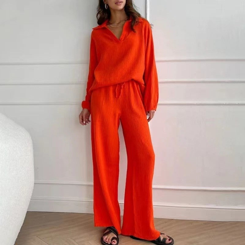 Solid Color Long Sleeve Lapel Blouse and Pants Set