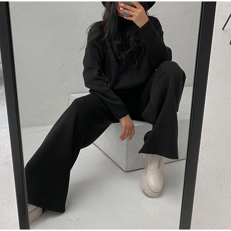 Casual Loose Knitted Two-Piece Set with Solid Color Long Sleeve Top and Pants