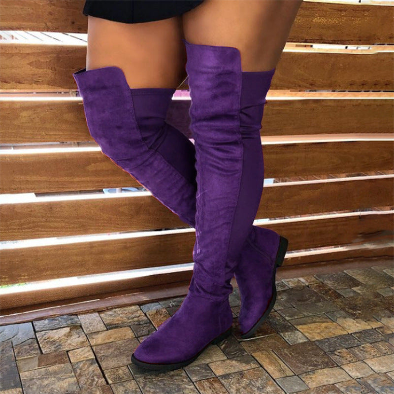 Women's Patchwork Knee-High Boots - Round Toe Chunky Heel Winter Boots with Side Zipper