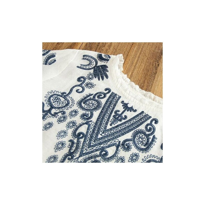 Ethnic-Inspired Loose Fit Pleated Long Sleeve T-Shirt with Embroidery