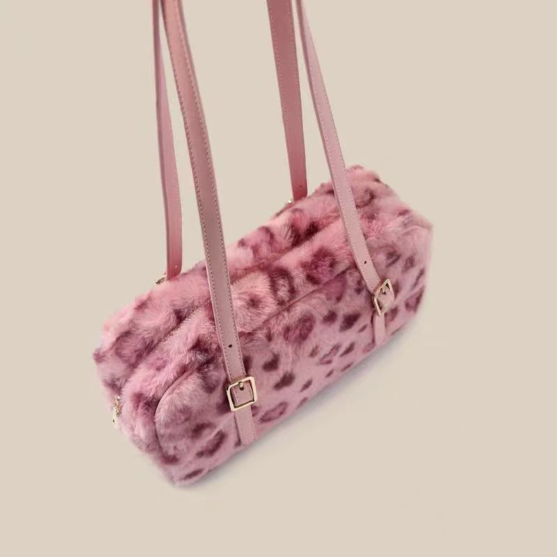 Women's Furry Velvet Shoulder Tote Bag - Plush Leopard Print Handbag with Dual Straps