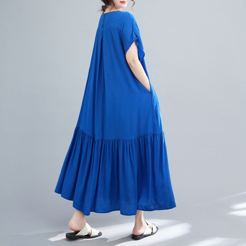 Loose Fit Solid Color Crewneck Short Sleeve Casual Maxi Dress