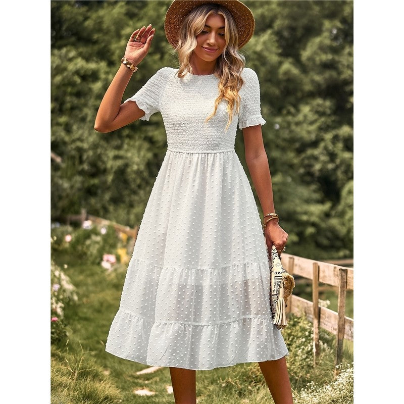 Solid Color Short Sleeve Round Neck Midi Dress for Women
