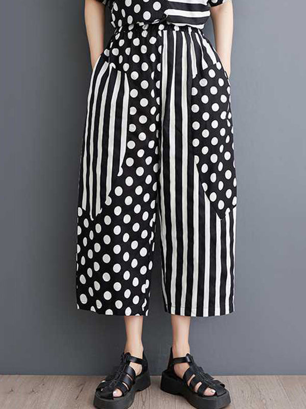 Half Sleeves High-Low Asymmetric Contrast Color Polka-Dot Split-Side Striped Lapel Blouses Top + Pants Bottom Two Pieces Set