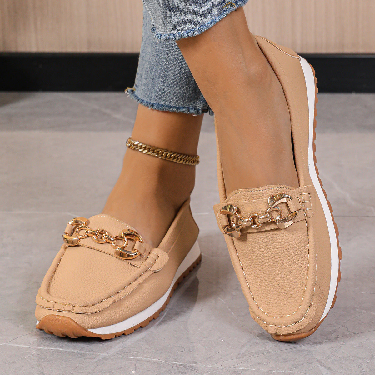Women's Metal Chain Flat Slip-On Loafers | Breathable PU Preppy Flats