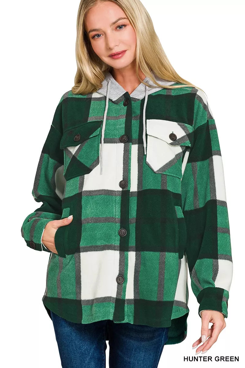 Plaid Drawstring Hooded Fleece Shacket