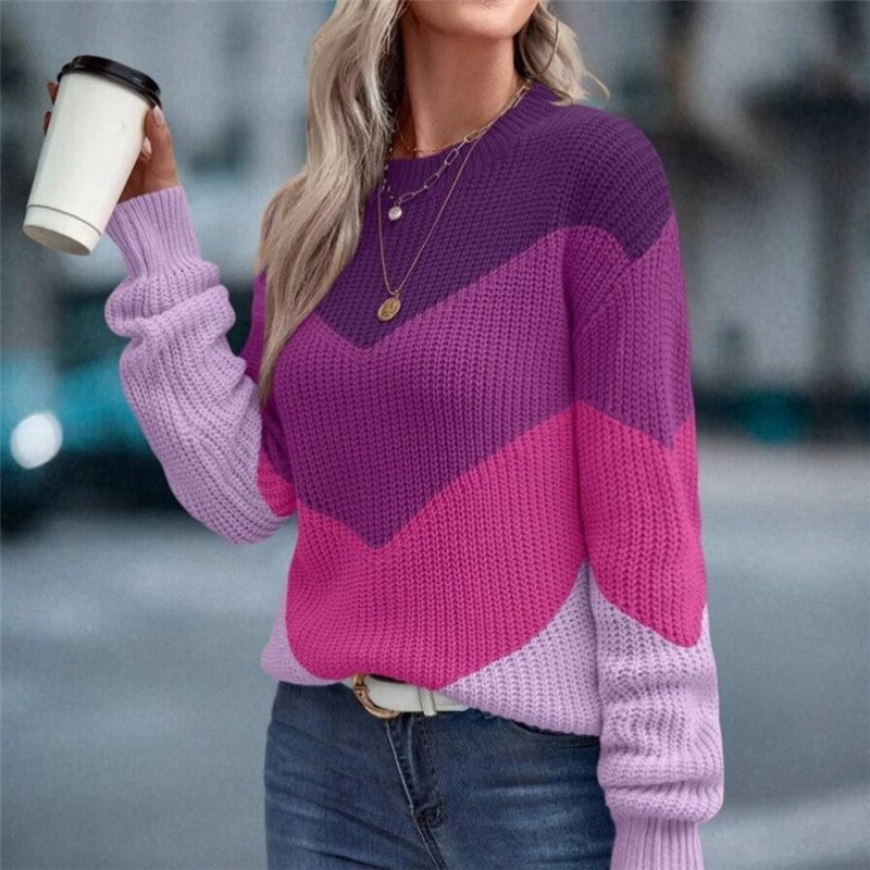Loose Fit Color Block Round Neck Knit Sweater
