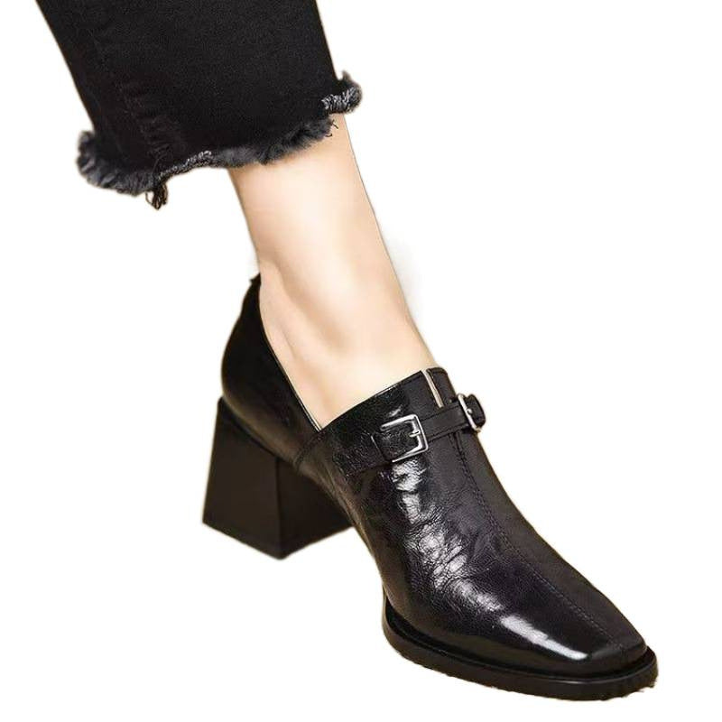Women's Square Toe Wedge Buckle Boots – Leather High-Top Dress Shoes | Black & Dark Brown