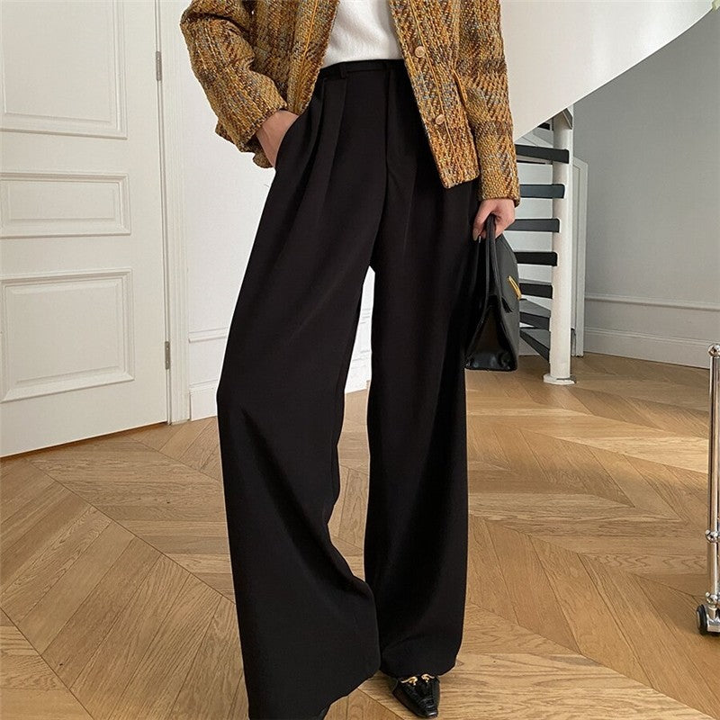 Wide-Leg Floor-Length Suit Trousers in Loose Solid Color