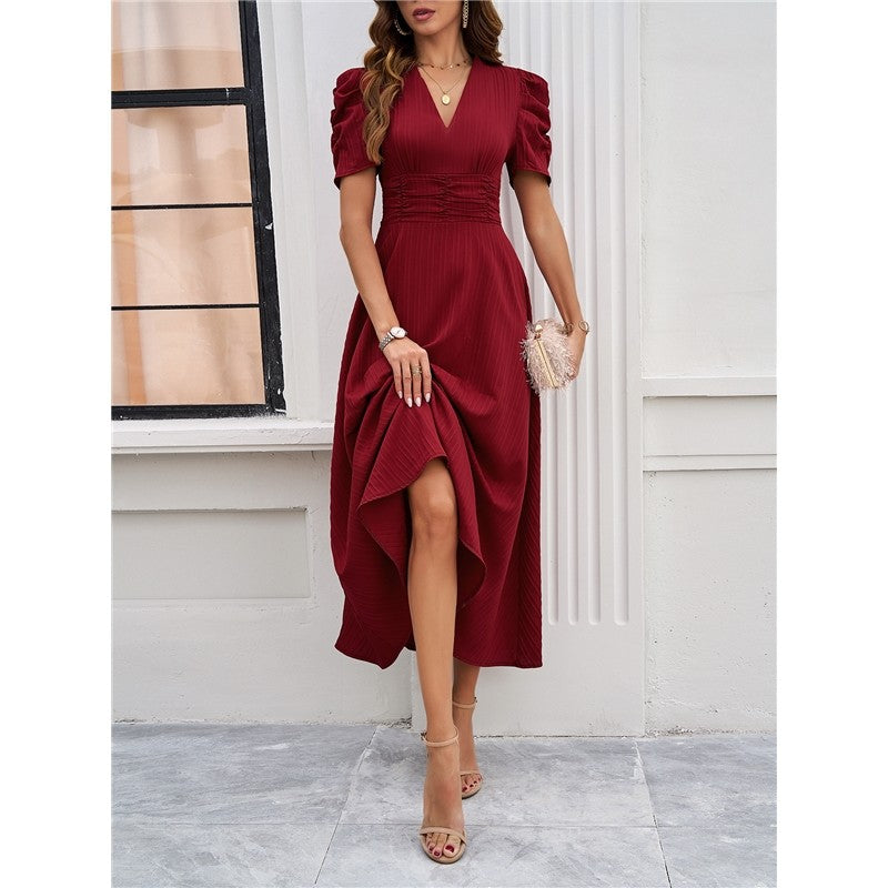 Short Sleeve Solid Color A-Line Maxi Dress