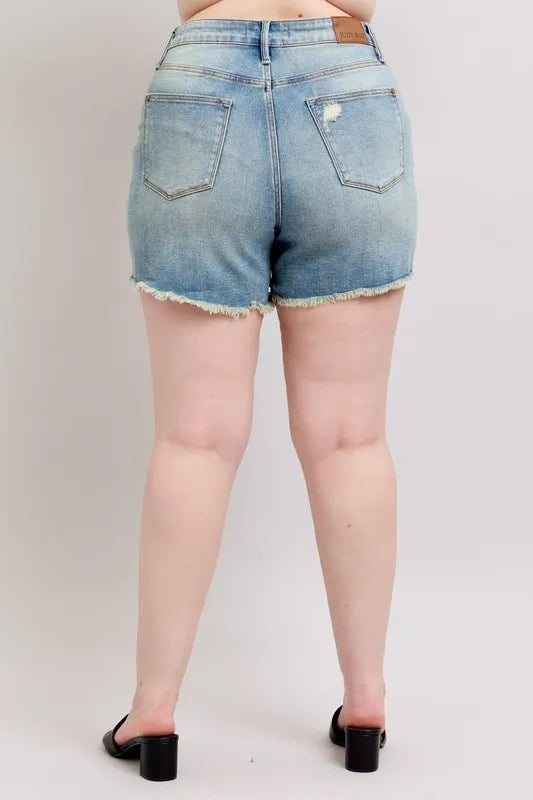 Plus Size High Rise Washed Fly Stitch Detail and Destroy Denim Shorts