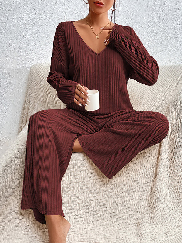 Long Sleeves Loose Solid Color V-Neck Shirt Top + Pants Bottom Pajama Sets