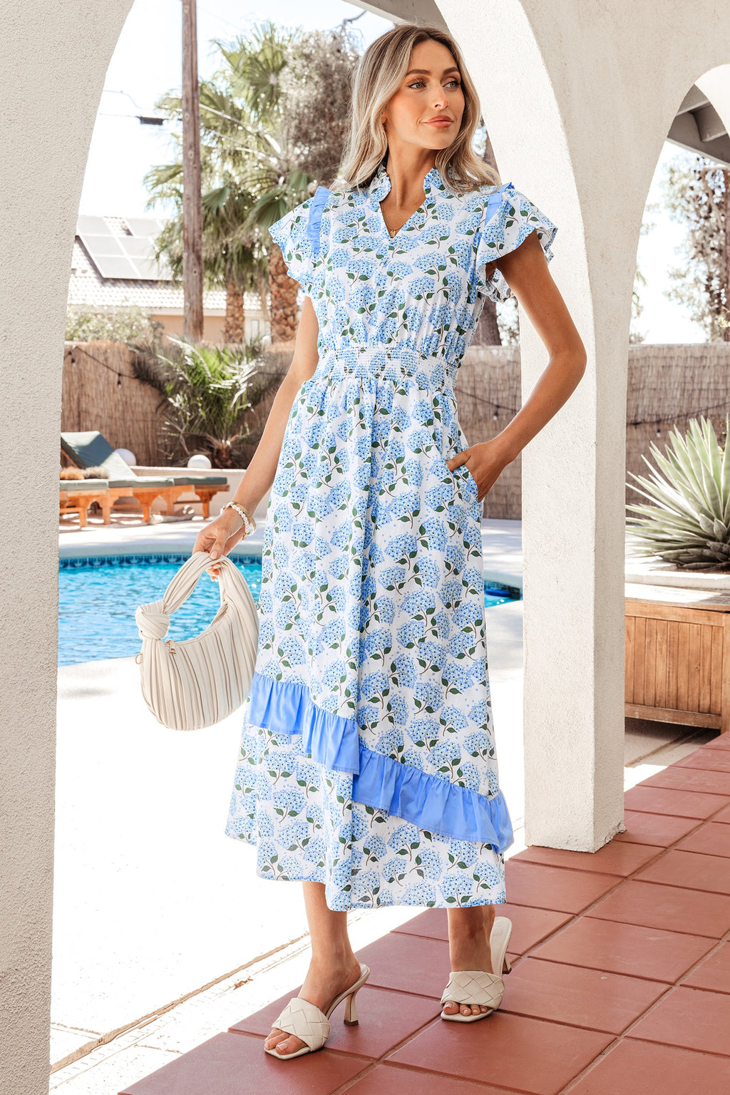 Sky Blue Hydrangea Floral Print Ruffle Trim Flutter Sleeve Long Dress