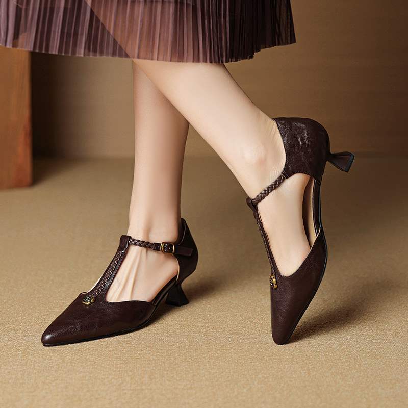 French Retro Camellia-Embellished Ballet Flats - Genuine Leather Stiletto Heels for Women