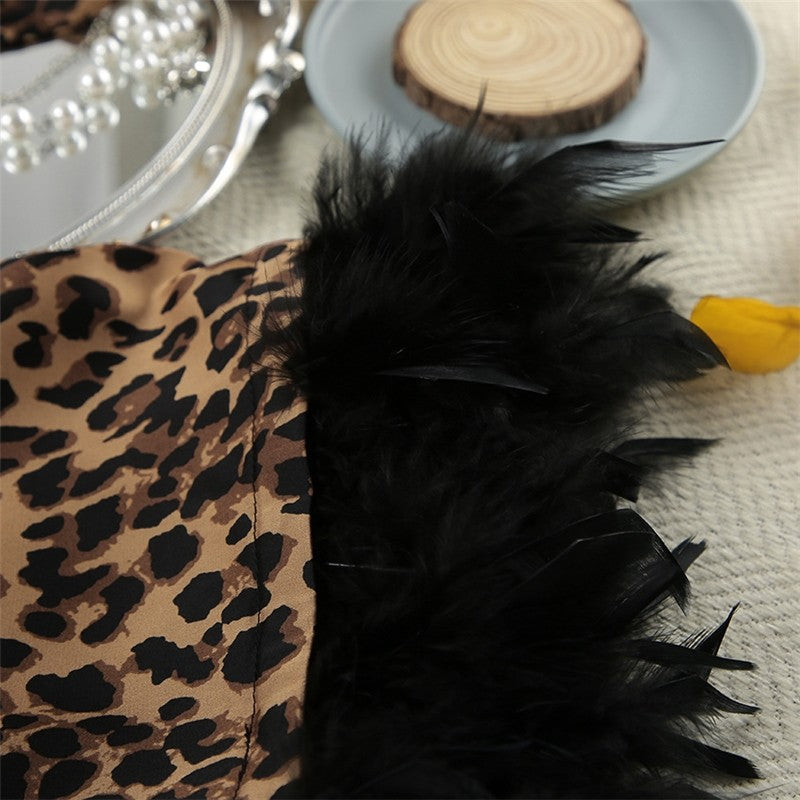 Leopard Print Feather Patchwork V-Neck Long Robe