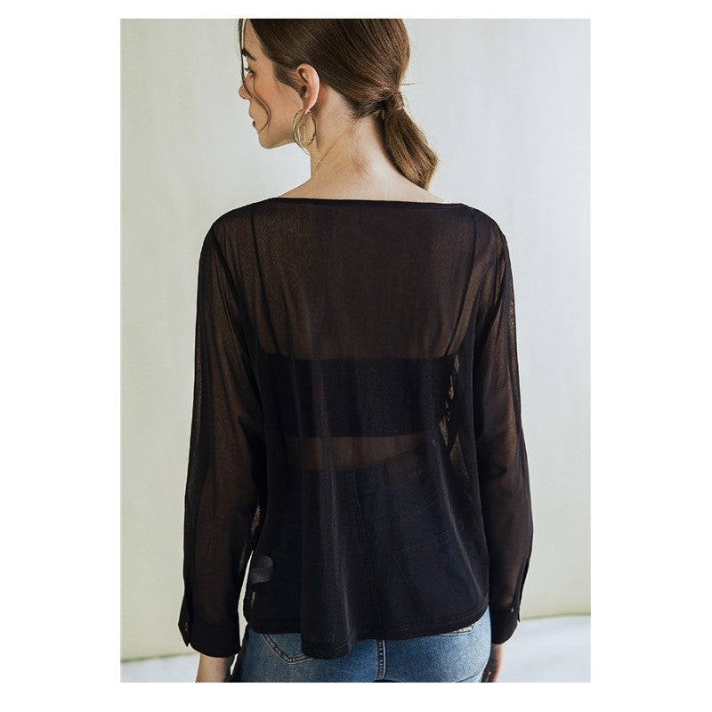 Solid Color V-Neck Bandage Long Sleeve Sheer T-Shirt