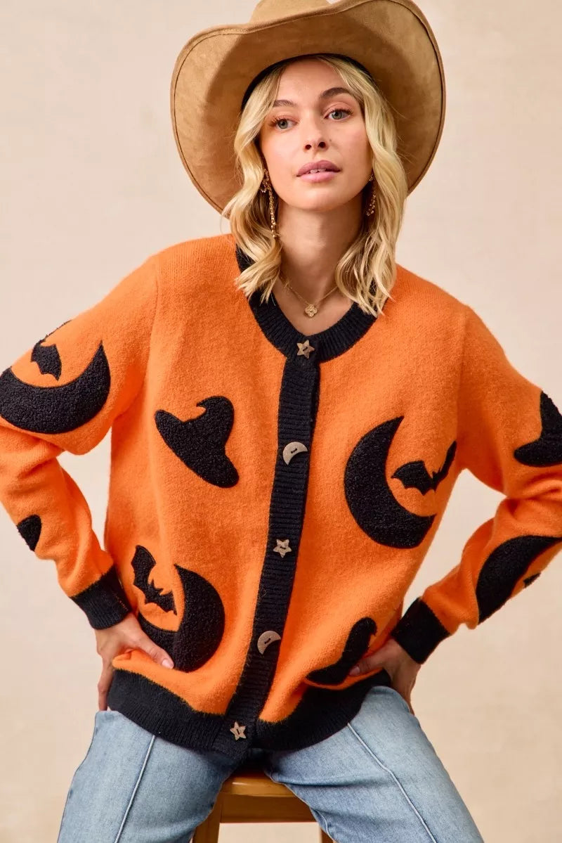Halloween Witch Hat Moon Bat Artwork Cardigan