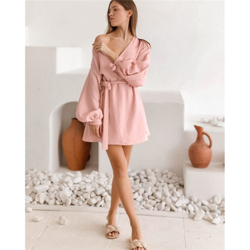 Long Sleeve Tie-Waist Solid Color Homewear Robe Pajamas