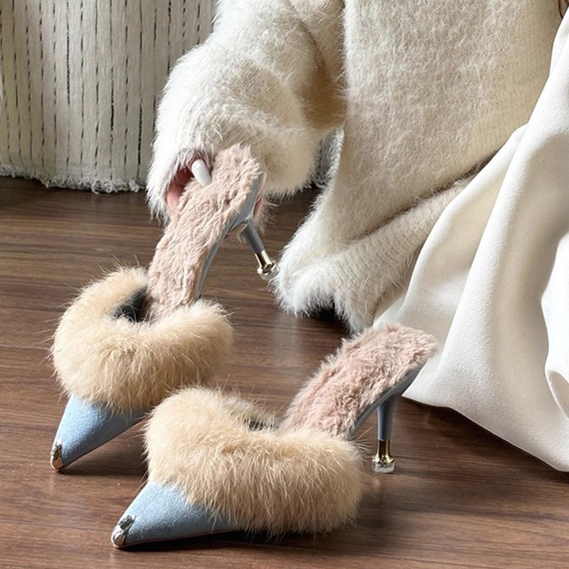 Women's Furry High Heel Slide Sandals - Pointed Toe Elegant Heeled Mules