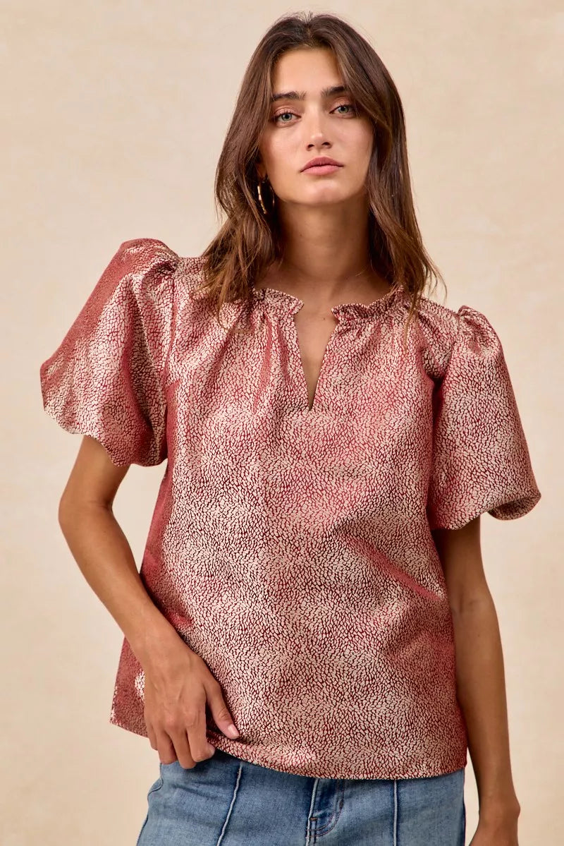 Jacquard Woven Short Balloon Sleeves V Neck Top