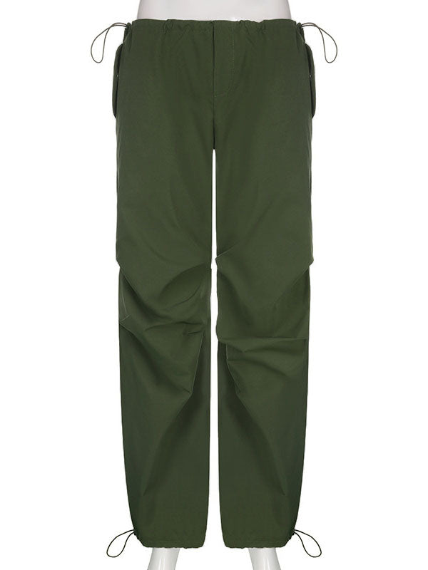 High Waisted Loose Drawstring Pleated Solid Color Pants Trousers