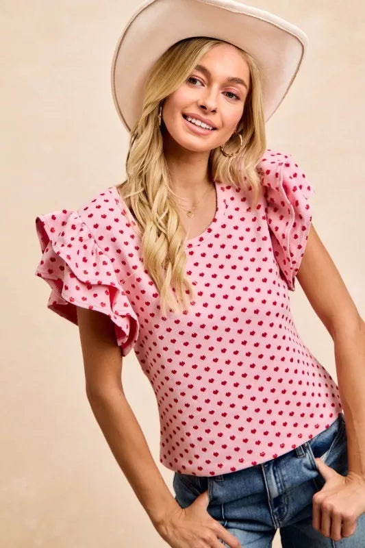 Heart Patterned Knit Ruffled Sleeves Top