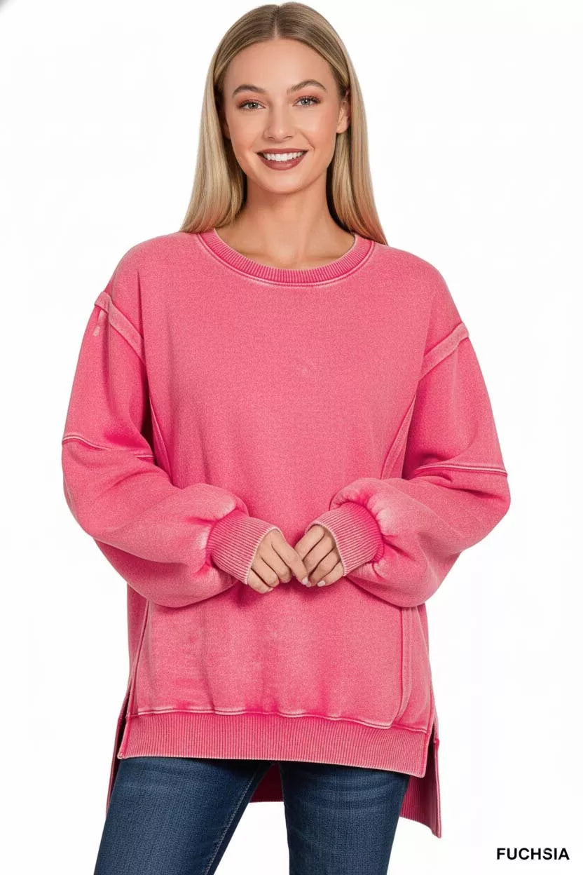 Acid Washed Batwing Sleeve Fleece Sweatshirt