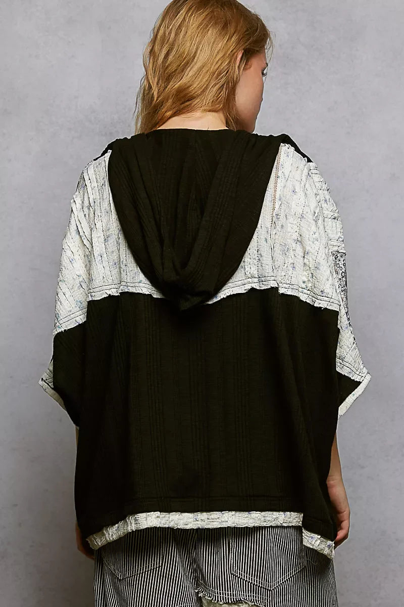 Floral Star Patch Hooded Blouse with Lace Contrast Detail