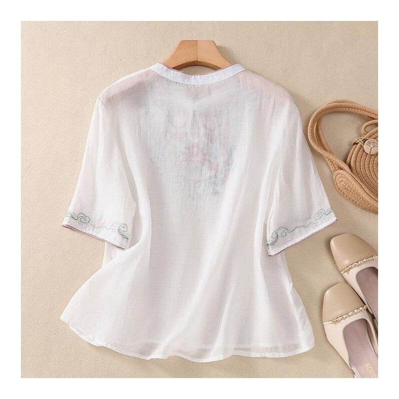 Embroidered Buttonholes Loose Fit Short Sleeve Shirt