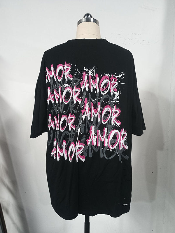 Loose Short Sleeves Contrast Color Hollow Letter Print Round-Neck T-Shirts Tops