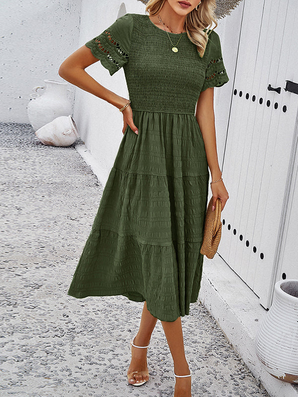 A-Line Loose Elasticity Hollow Solid Color Split-Joint Round-Neck Midi Dresses