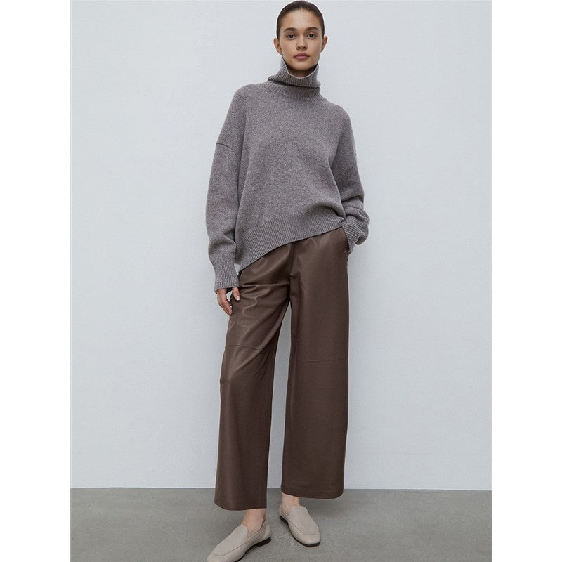 High Waisted Solid Color Straight Leg Faux Leather Pants