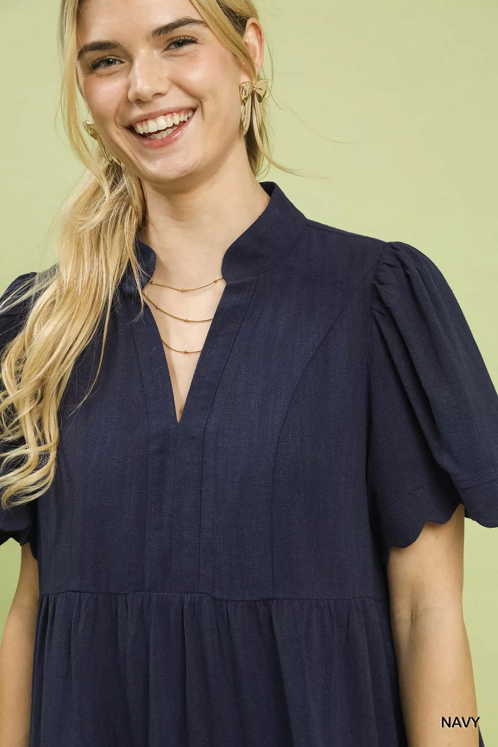 Linen Tiered Babydoll Dress with Scalloped Sleeves