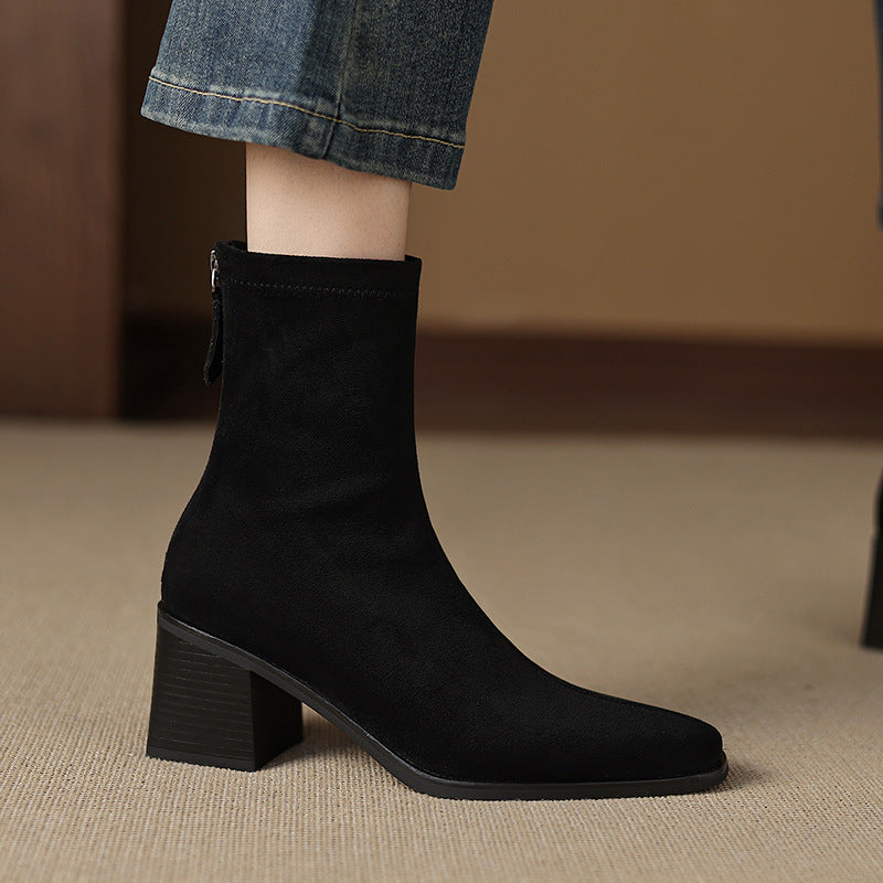 Women's Suede Square Toe Chunky Heel Boots