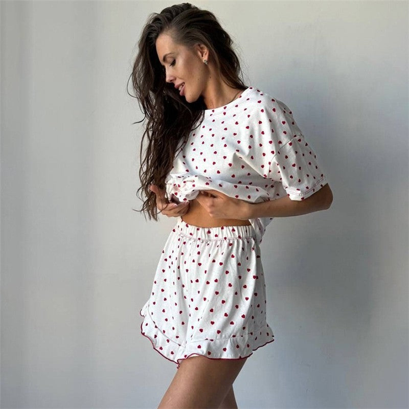 Leaf Print Hem Short Sleeve Pajama Set