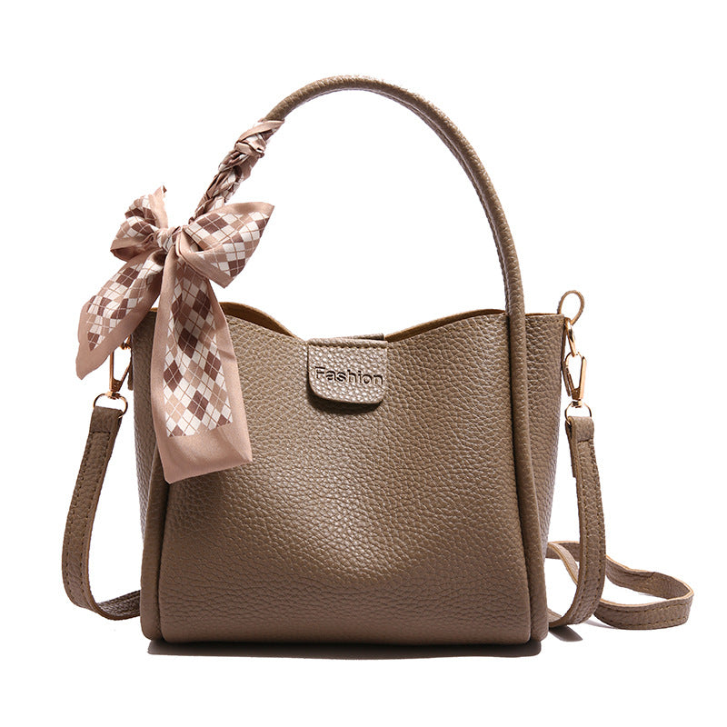 Women's Quilted Bucket Bag with Silk Scarf - PU Leather Crossbody Handbag