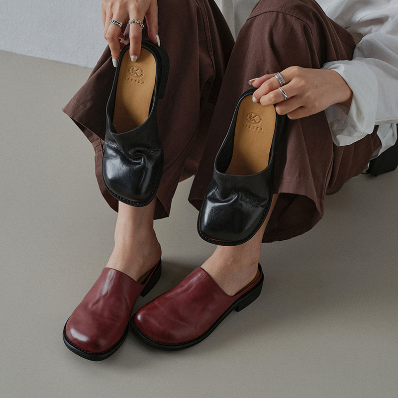 Women's Washed Cowhide Leather Mule Slides | Retro Round-Toe Block Heel Backless Shoes