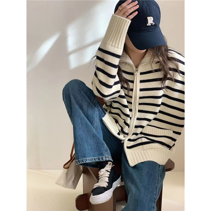 Long Sleeve Lapel Zipper Striped Casual Loose Knitted Cardigan Sweater