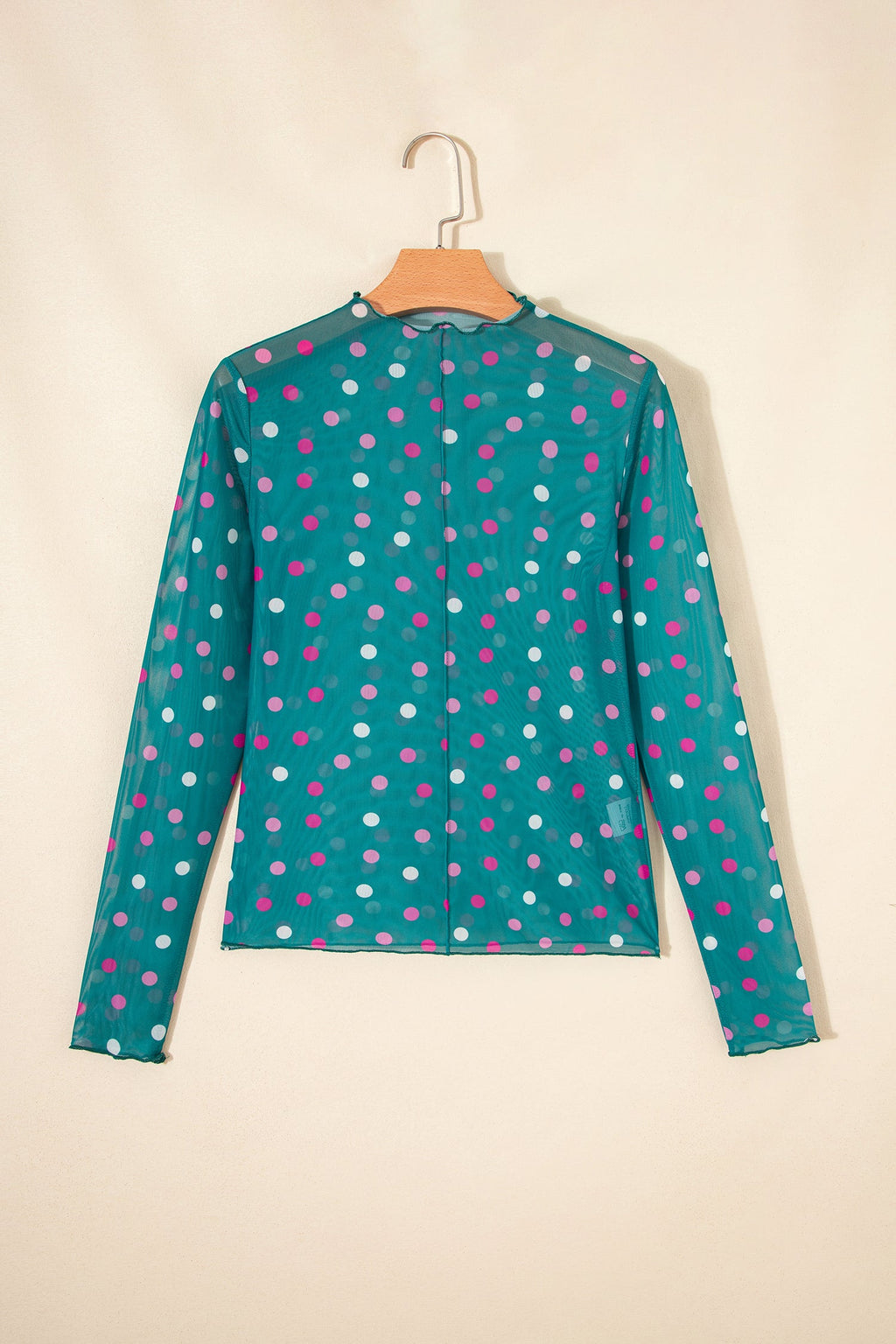 Green Polka Dot Patterned Bodycon Mock Neck Mesh Long Sleeve Top