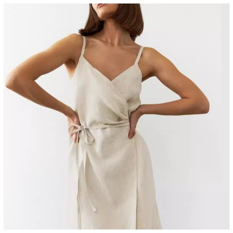 V-Neck Sleeveless Belted Dress in Solid Color - Slim Fit