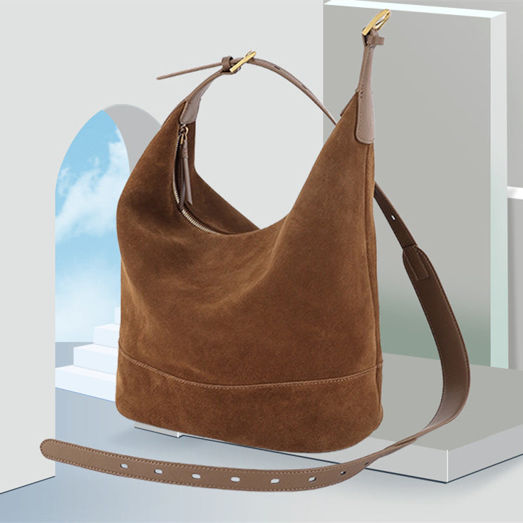 Retro Suede Bucket Bag – Women's Slouchy Shoulder & Crossbody Bag | PU Leather Commuter Handbag