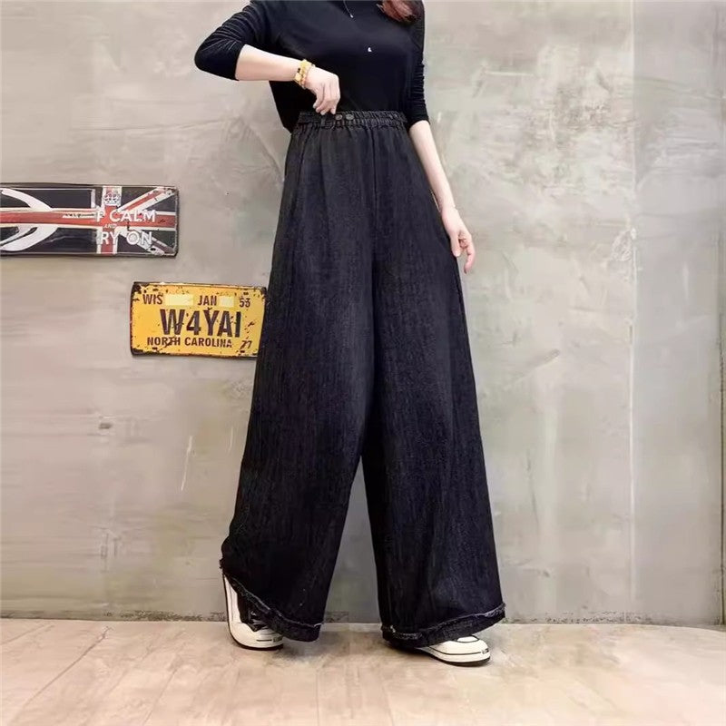 High-Waisted Solid Color Elastic Wide Leg Straight Pants