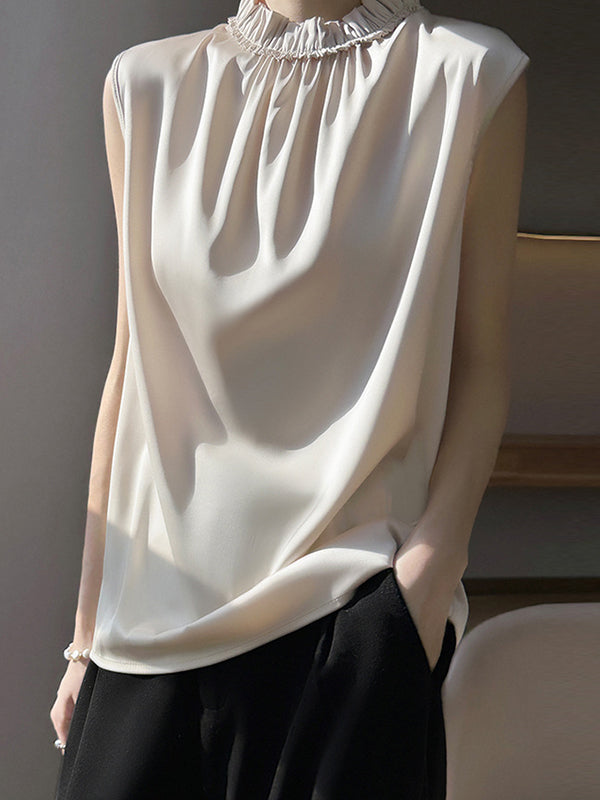 Loose Sleeveless Pleated Ruffle Trim Solid Color Stand Collar Vest Top