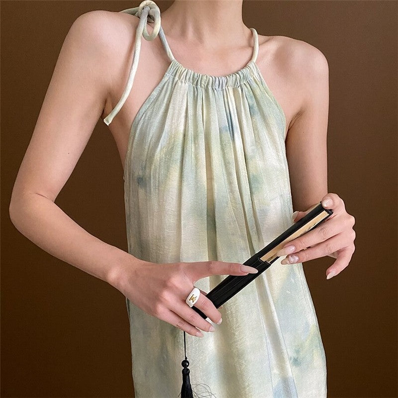 Traditional Chinese Ink Painting Inspired Gradient Drawstring Halterneck Dress
