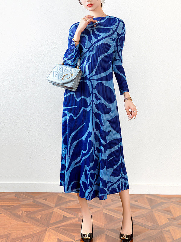 Fashion Floral Printed Pleated Long Sleeves Midi Dress