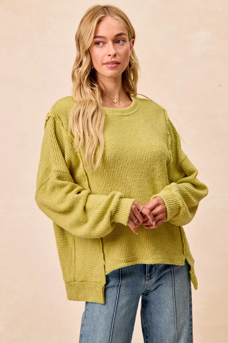 Boucle Rib Knit Uneven Hem Sweater With Open Seam