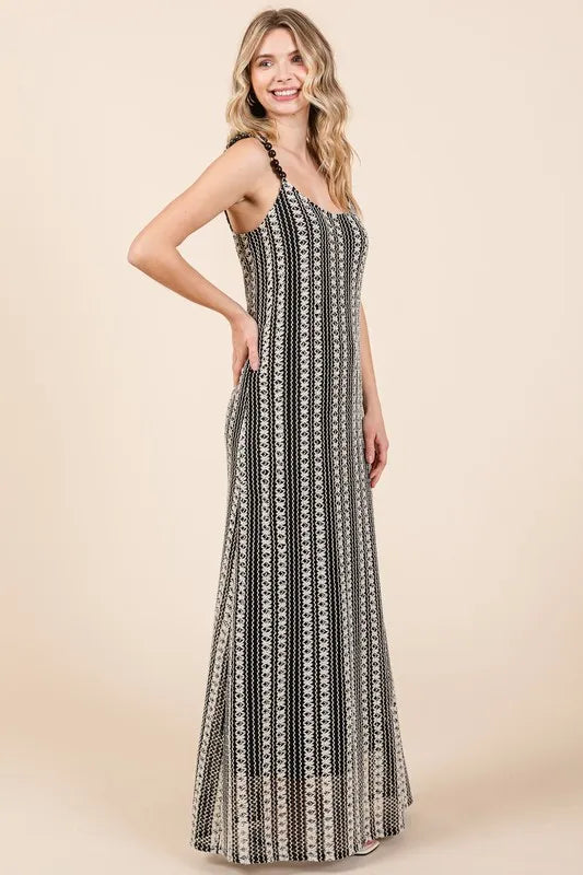 Plus Size Striped Scoop Neck Beaded Strap Maxi Cami Dress
