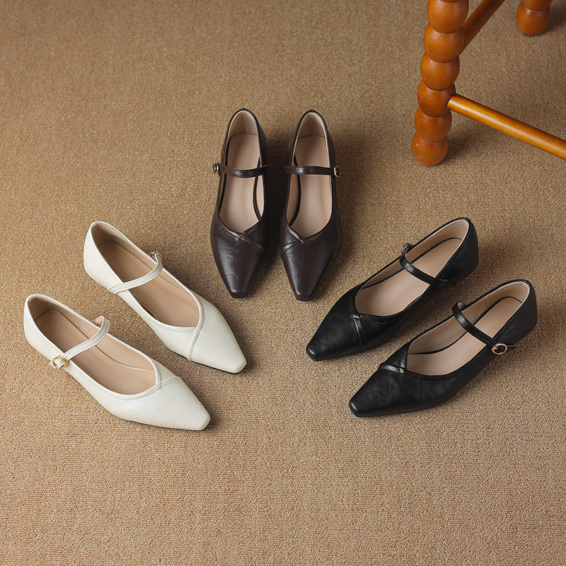 Women's Pointed Toe Low Heel Dress Shoes with Floral Detail - Elegant Buckle Closure Pumps