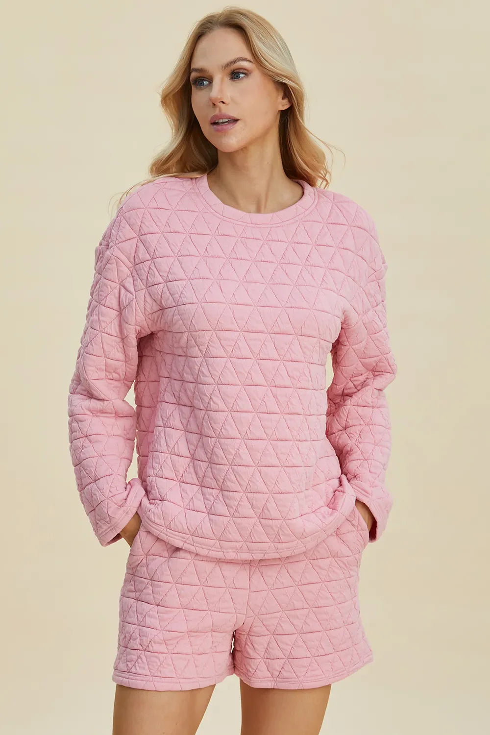 I am a Fashion junky Full Size Texture Round Neck Long Sleeve Top and Shorts Set